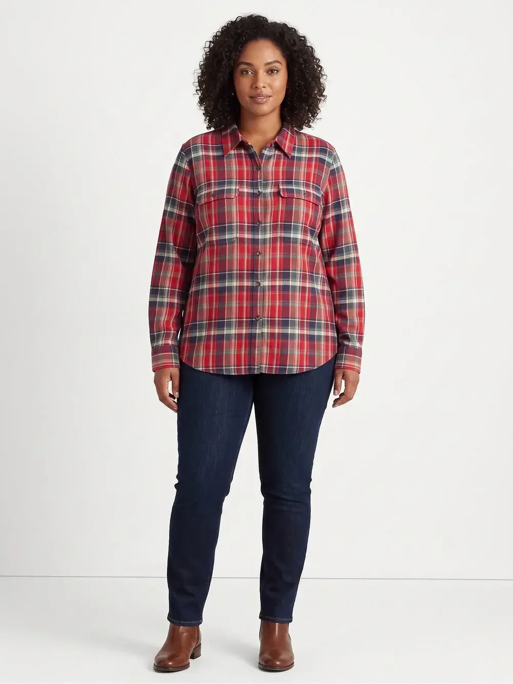 Lauren Ralph Lauren Red Blue Plaid 100% Cotton Flannel Shirt Womens XL Roll Tab